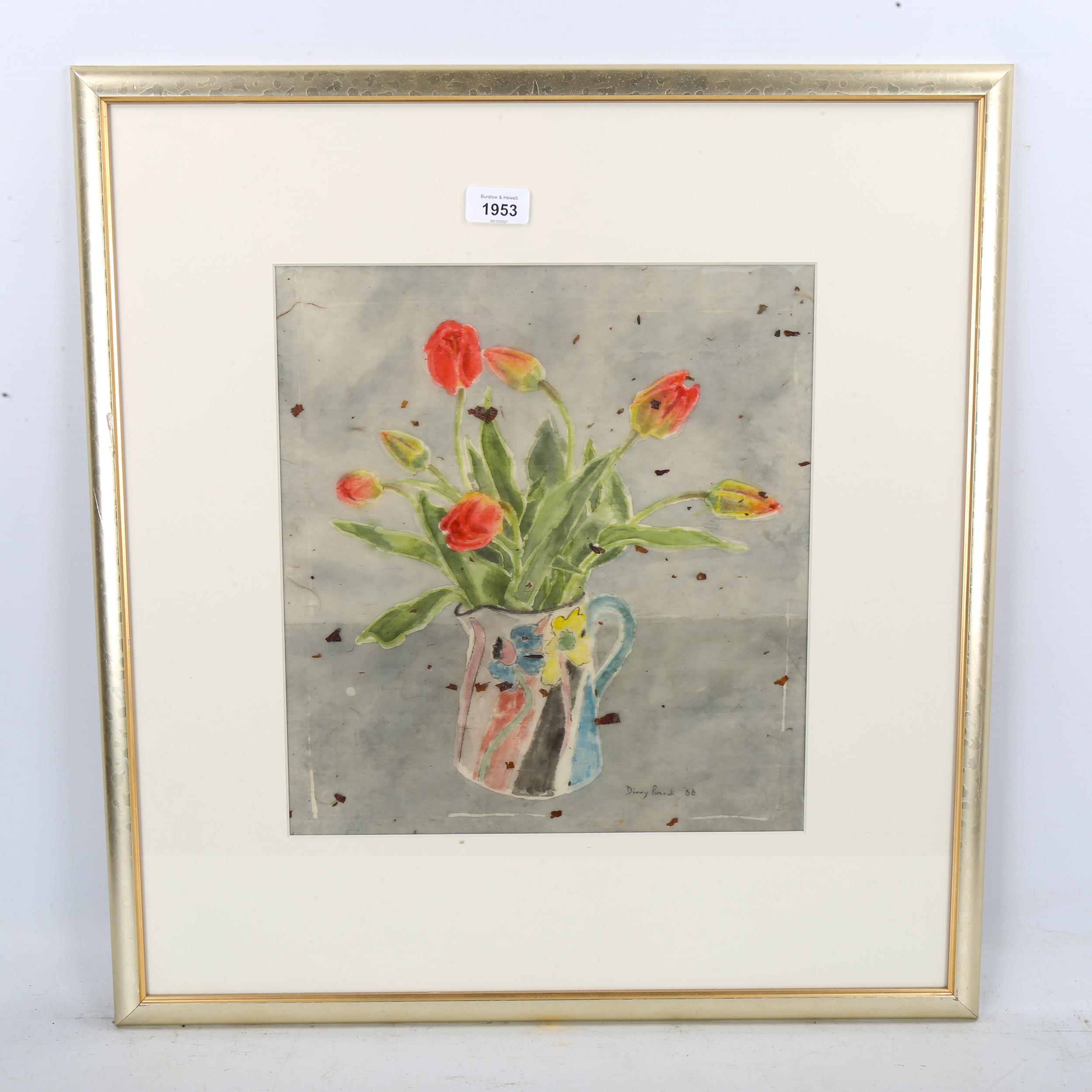 Dinny Pocock, watercolour, red tulips, 1988, signed, 36cm x 33cm, framed Good condition - Image 2 of 4