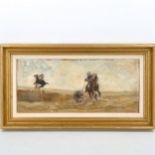 Oil on board, impressionist wild boar hunting scene, indistinctly signed?, 22cm x 50cm, framed