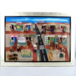 Jackson Nqumanda (born 1948), mixed media 3-D collage, African village scene, silvered frame,