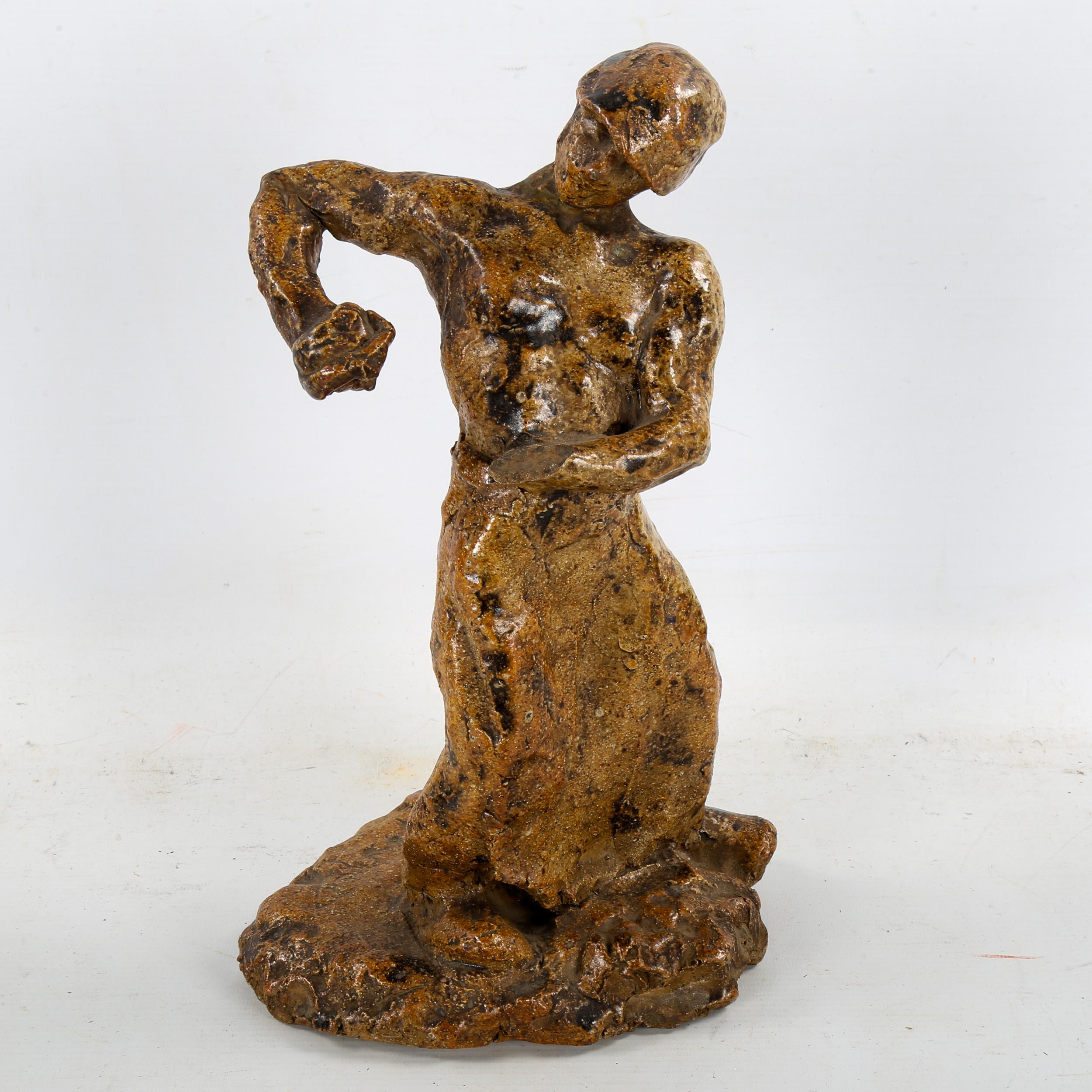 Alfred Jean Halou, treacle glazed sculpted pottery standing figure, incised signature on base,