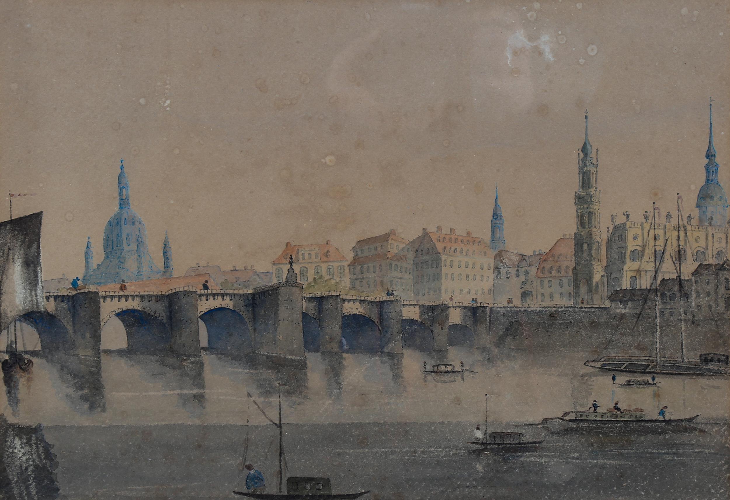 19th century watercolour, Continental city bridge, unsigned, 25cm x 36cm, framed Paper