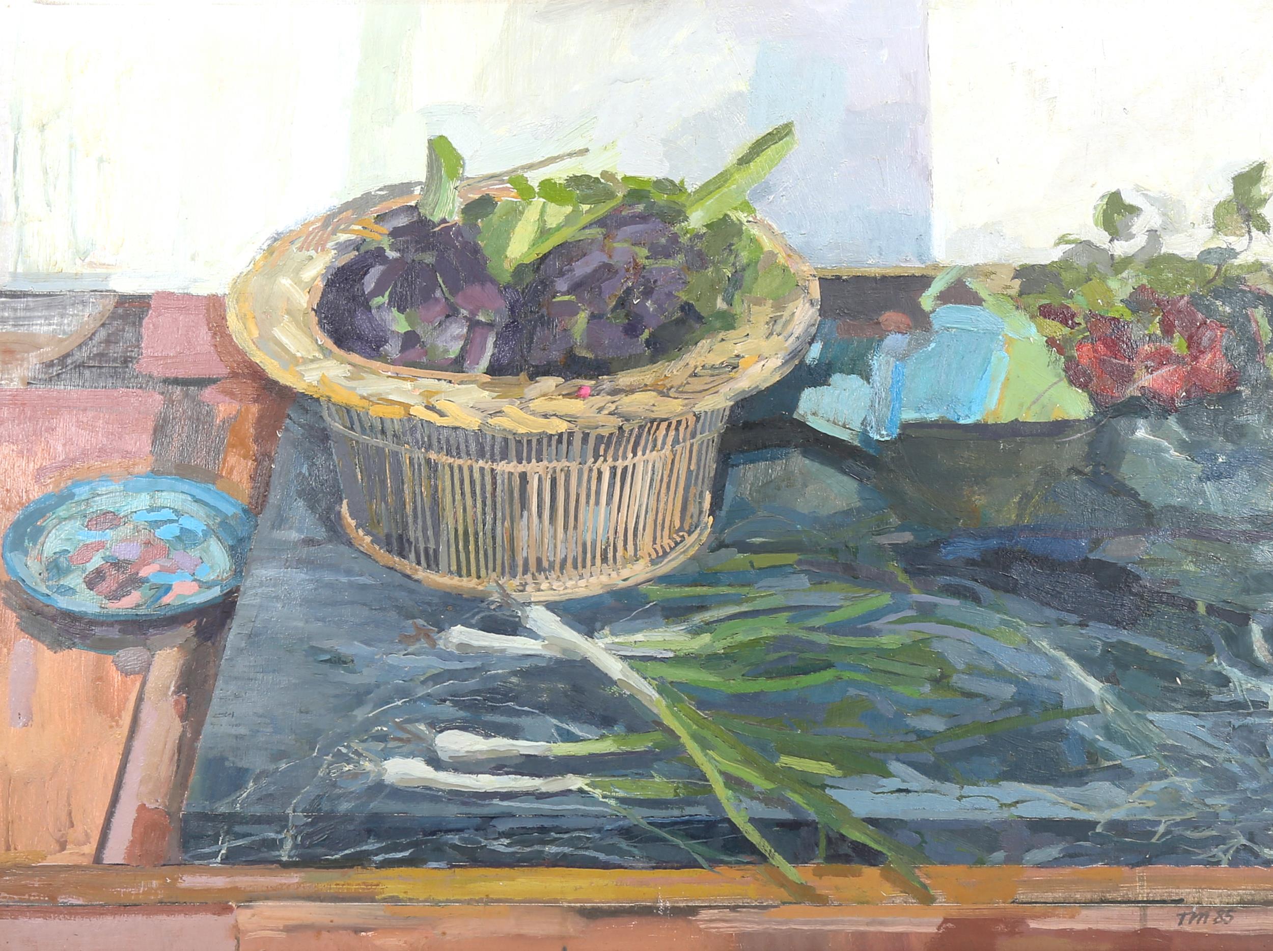 Tony Messenger, oil on board, still life with artichokes 1985, Exhibition labels verso, 59cm x 78cm,