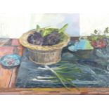 Tony Messenger, oil on board, still life with artichokes 1985, Exhibition labels verso, 59cm x 78cm,