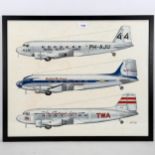 Jean Cuny (1925 - 1992), 2 gouache illustrations, Douglas Dakota DC2/3 aircraft circa 1950s,