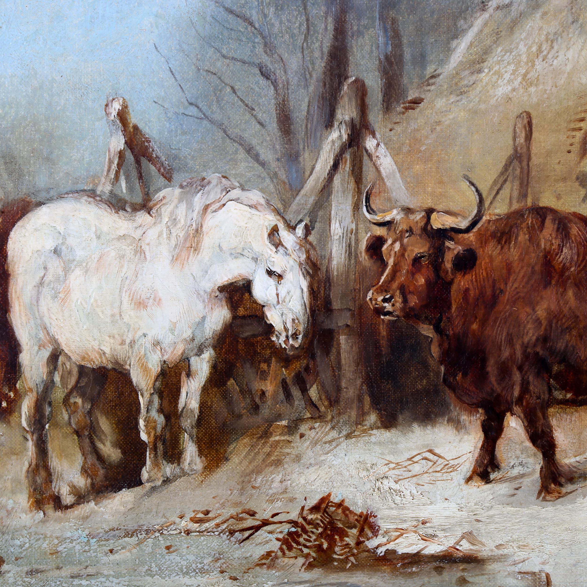 Harden Sidney Melville (1824 - 1894), oil on canvas, cattle and horses in the farmyard, signed, 40cm - Image 2 of 4