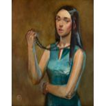 Julian Gordon Mitchell, oil on canvas, portrait of a girl with beads, image 51cm x 40cm, framed Good