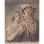 D Wilde, monochrome watercolour on coloured paper, romantic couple, signed and dated 1815, 14cm x