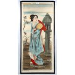 Oriental watercolour on silk, lady in a garden, unsigned, 108cm x 48cm, framed