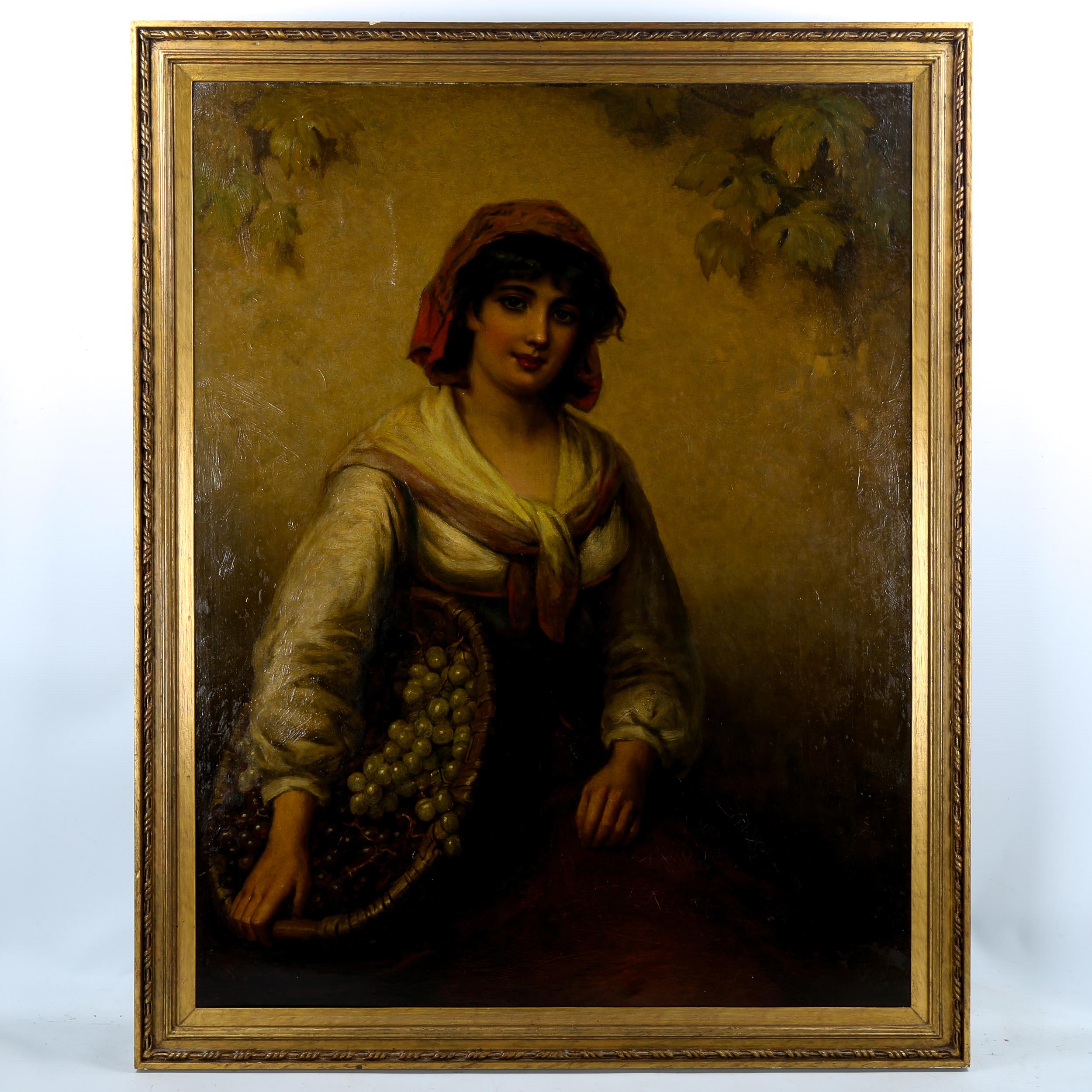 19th century Italian School, oil on canvas, girl with a basket of grapes, unsigned, 92cm 71cm,