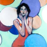 Clive Fredriksson, large oil on canvas, balloon girl, framed, overall frame dimensions 106cm x 106cm