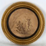 19th century Bartolozzi stipple engraving, 3 cherubs, original gesso frame, frame diameter 25cm