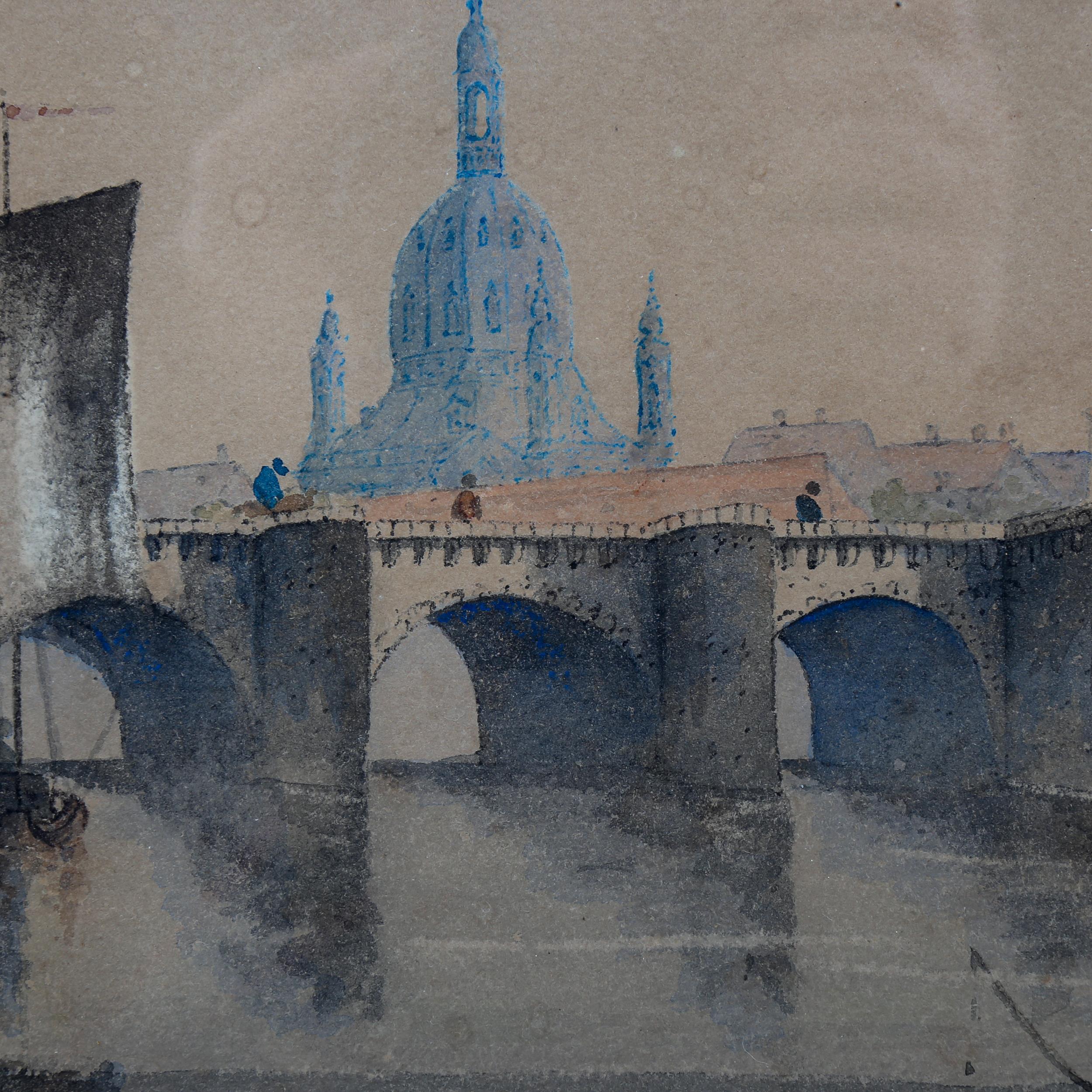 19th century watercolour, Continental city bridge, unsigned, 25cm x 36cm, framed Paper - Image 3 of 4