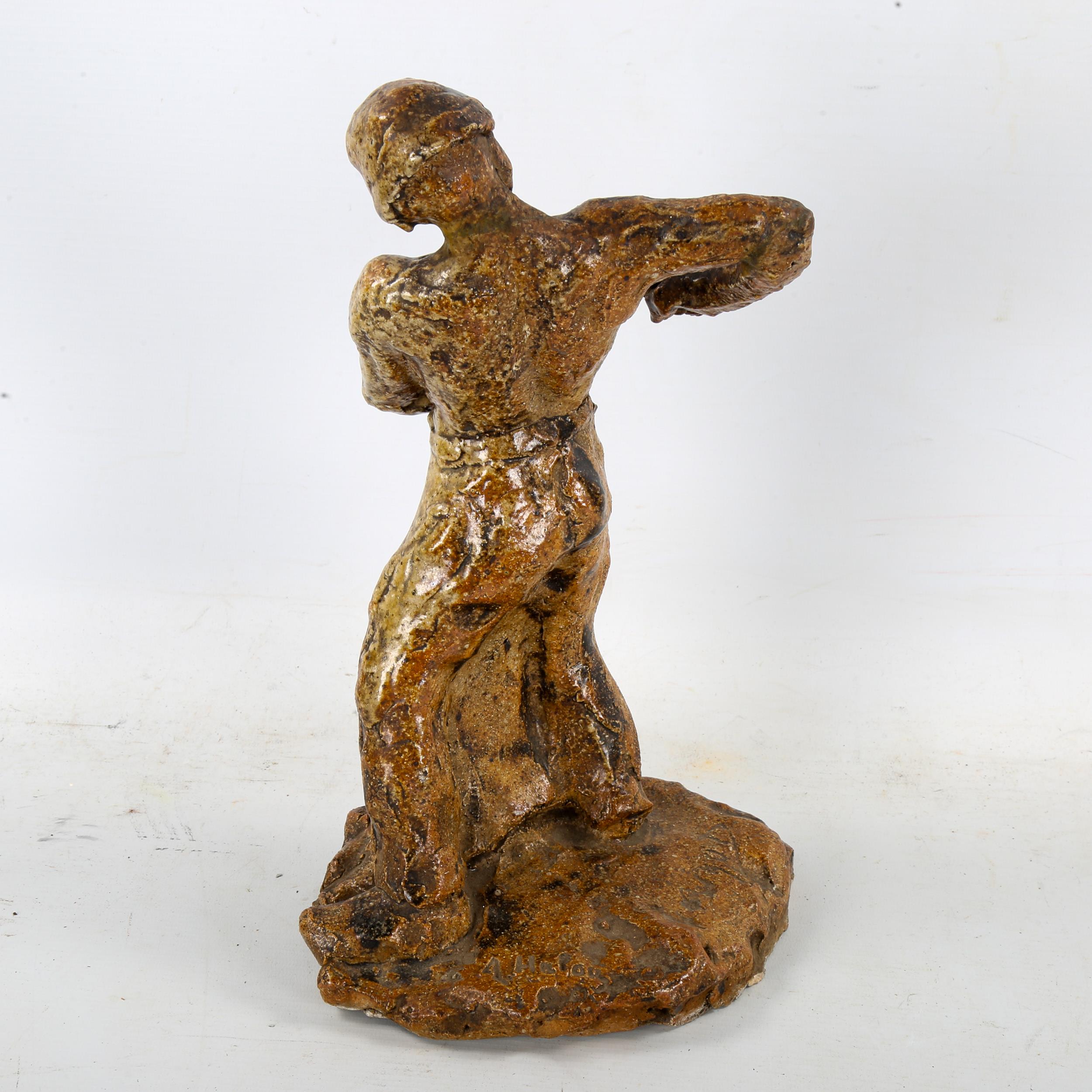 Alfred Jean Halou, treacle glazed sculpted pottery standing figure, incised signature on base, - Image 2 of 4