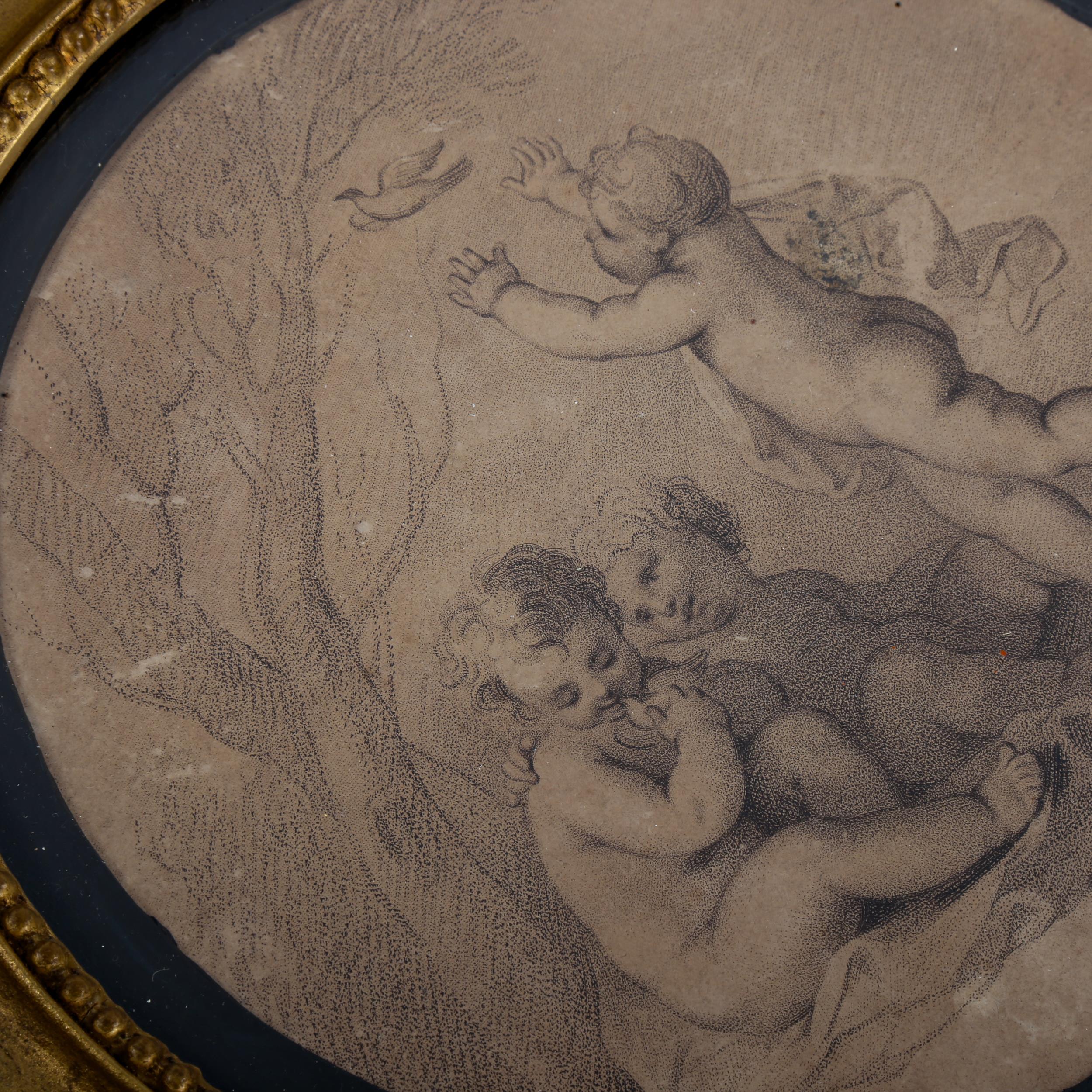 19th century Bartolozzi stipple engraving, 3 cherubs, original gesso frame, frame diameter 25cm - Image 4 of 4