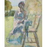Hans Schwarz, watercolour, woman and cat in a garden, signed, 39cm x 31cm, framed Good condition