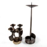 A 1970s brutalist candelabra with marble base, and a similar iron pricket candlestick, tallest 35cm