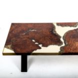 A late 20th century resin table with embedded teak rootwood, IK maker's logo in resin, dimensions,