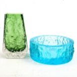 GEOFFREY BAXTER for Whitefriars glass, a green coffin vase and aqua dish, vase height 13m. both
