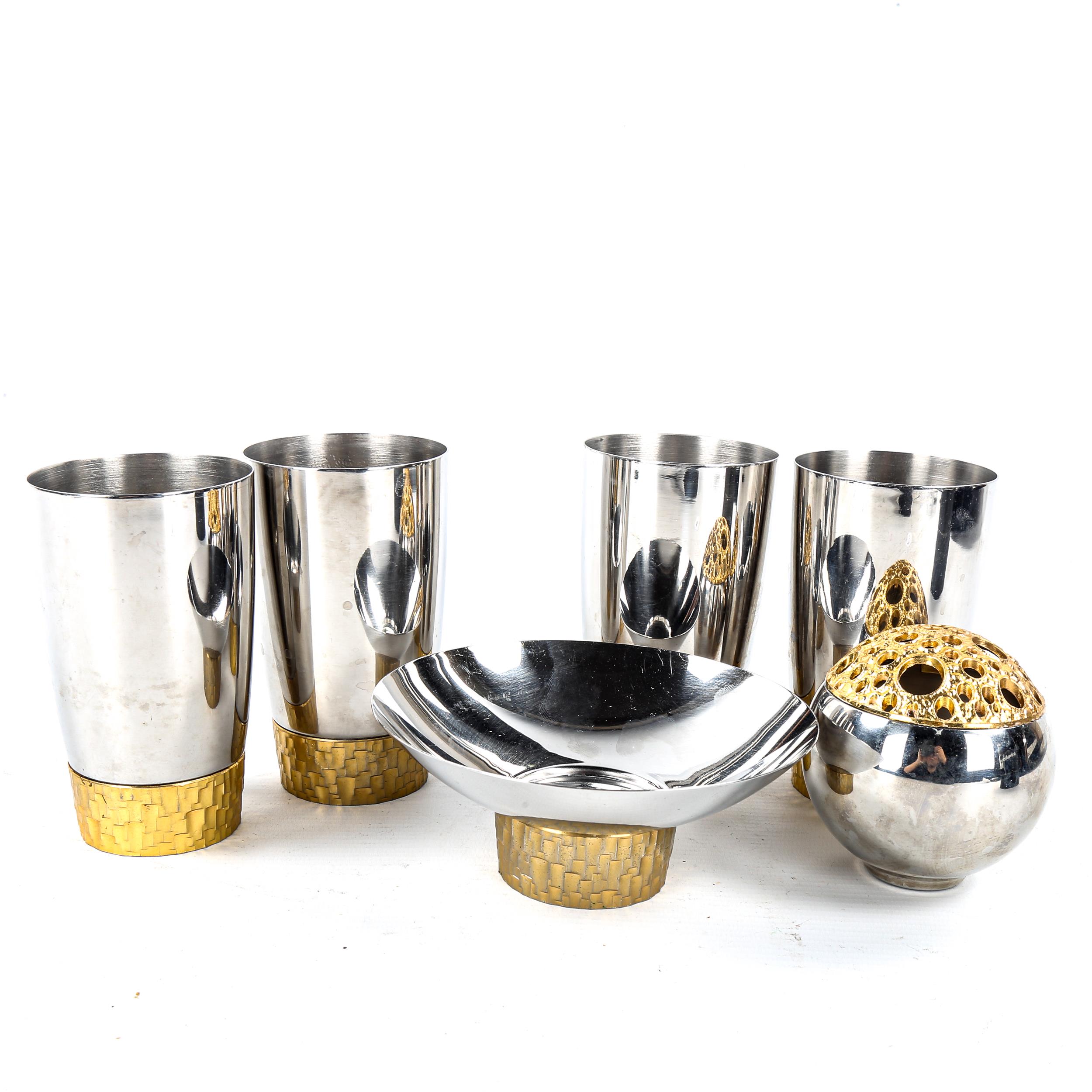 STUART DEVLIN for Viners, a set of 4 1960s brutalist stainless steel and gilt-metal beakers, a