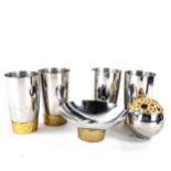 STUART DEVLIN for Viners, a set of 4 1960s brutalist stainless steel and gilt-metal beakers, a