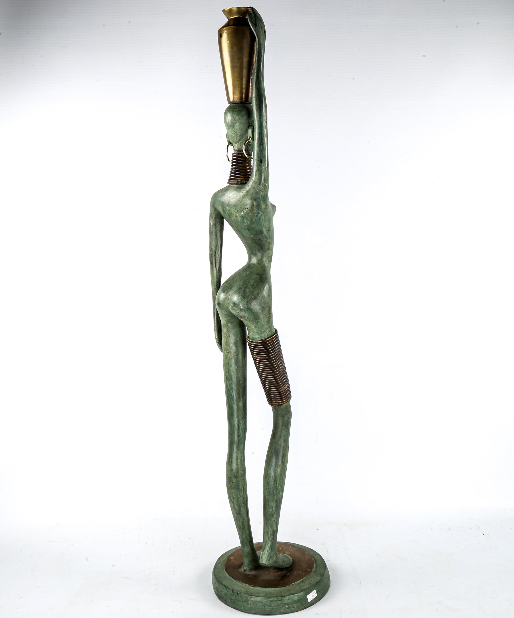 Manner of Hagenauer, a mid-century style patinated bronze or brass female water carrier, height 96cm - Image 4 of 4