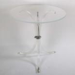 A mid-century lucite side / lamp table on tripod legs with chrome fittings, height 70cm Good