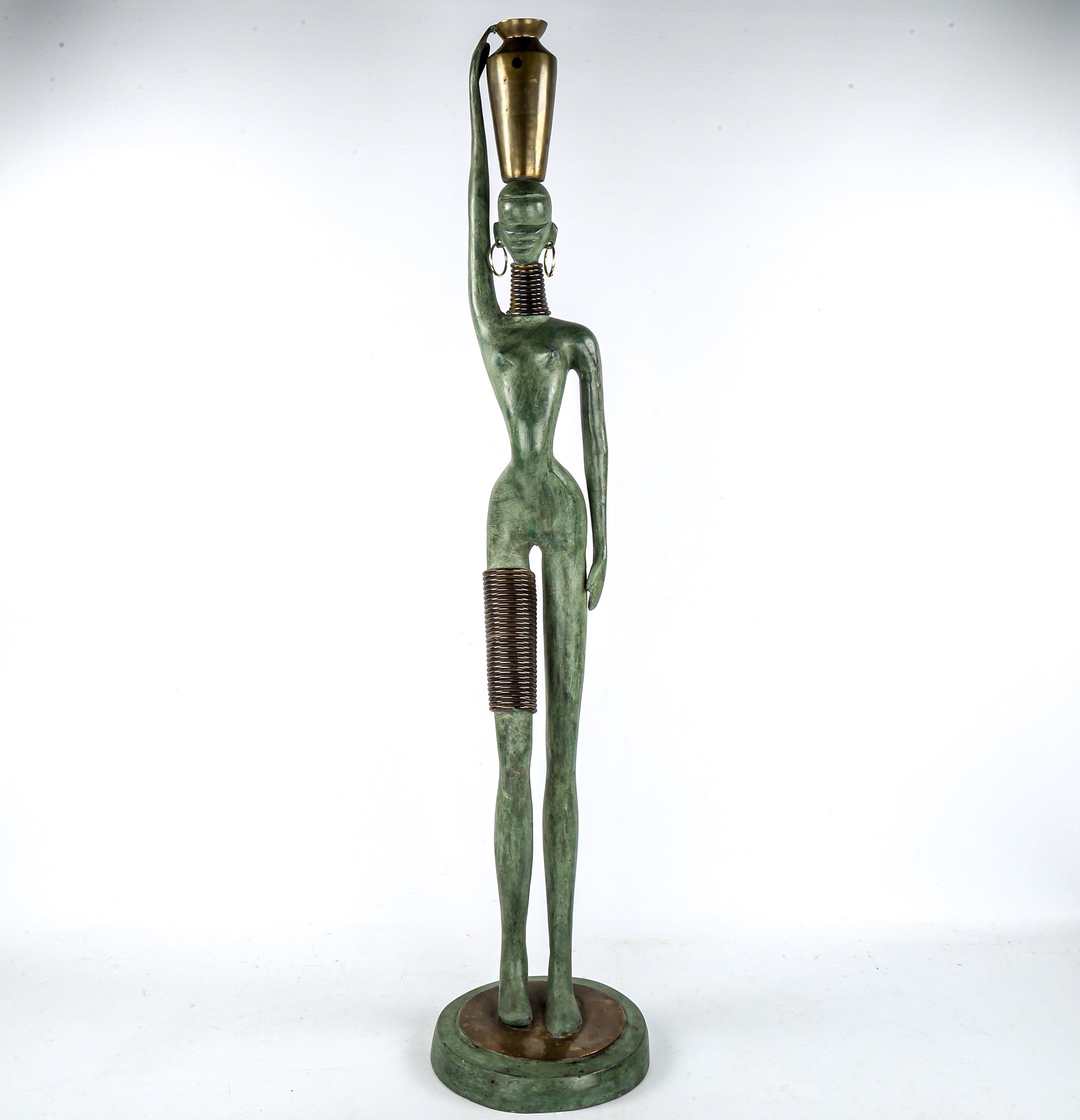 Manner of Hagenauer, a mid-century style patinated bronze or brass female water carrier, height 96cm - Image 2 of 4