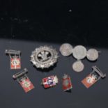 5 Georg Jensen silver and red enamel badges, a silver regimental badge, a coin brooch etc