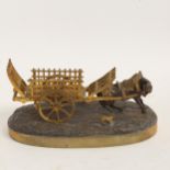 A gilded and patinated bronze ornamental horse-drawn hay cart on stand, probably early 20th century,