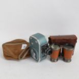 A Bauer 88C wind-up film camera, and a pair of leather-cased binoculars (2)