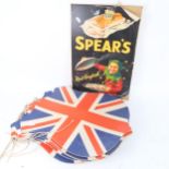 Union Jack card shields, height 44cm, and a Spear's advert