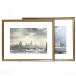Rowland Hilder, pair of colour prints, Thames skyline, image 42cm x 60cm, and rural landscape,