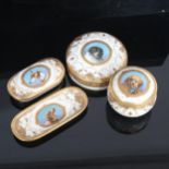 A set of 3 19th century gilded porcelain pots and covers, each with a central hand painted study