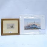 John Woolliams, watercolour, Hastings beach, and a 19th century watercolour, beached fishing boat (