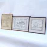 3 mid-20th century charcoal drawings, all indistinctly signed