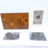 An Italian marquetry inlaid picture, 31cm x 48cm, and 3 x 19th century prints and engravings (4)