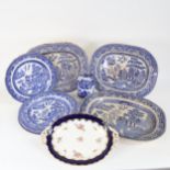 Various Copeland and Stafford Ware blue and white Chinese pattern dinner plates, meat plates etc