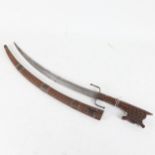 A Middle Eastern/Persian curved sword, with chip carved wood handle and scabbard, blade length 39cm