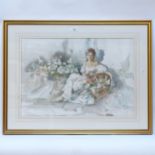 Gordon King, watercolour, flower seller, signed, 48cm x 70cm, framed