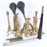 Various brass, including Vintage car horns and candlesticks