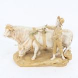 Royal Dux porcelain figure, cattle herd and cattle, length 35cm, height 27cm (A/F) Boy's head has