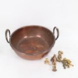 A heavy Victorian 2-handled copper jam pan, diameter 35cm, and small gilt-metal figures