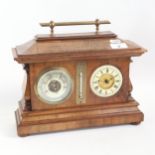 A 19th century walnut desk-top combination clock/barometer/thermometer, with brass carrying