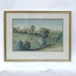 Lawrence Irving, watercolour, farm landscape Wittersham, signed with monogram, 32cm x 51cm, framed
