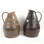 2 similar coopered wood flagons with metal rims and handles, early 20th century, largest height 45cm