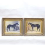 A modern gilt-framed mirror, with inset print of a horse, a pair of modern gilt-framed equestrian