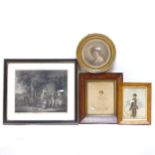 A group of 19th century watercolours and prints, including 2 x 19th century watercolour portraits of