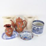 A Staffordshire Willow pattern pottery vase, height 15cm, a Wedgwood enamel painted coffee pot and