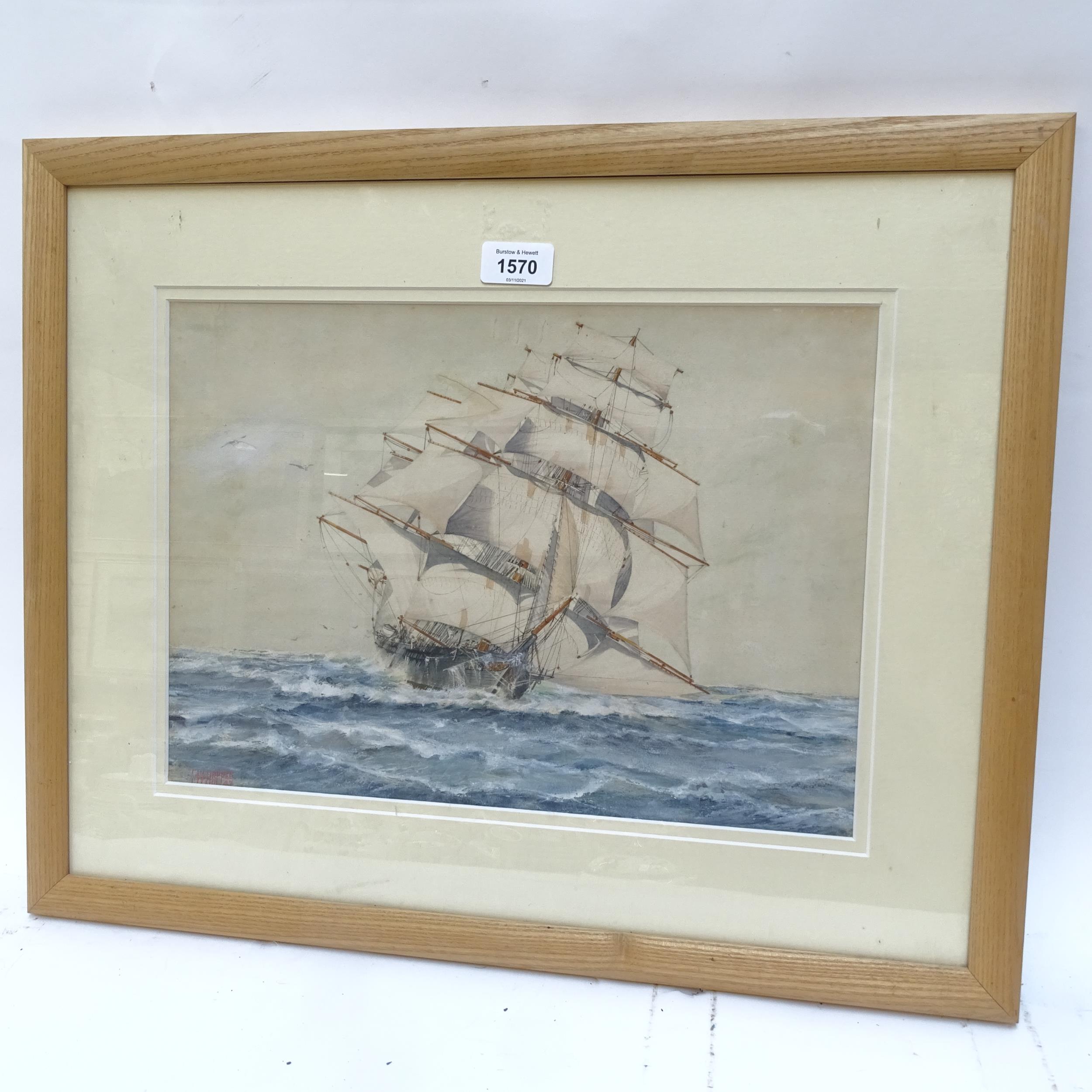 F W Hopper, watercolour, clipper ship on rough seas, signed and dated '47, 27cm x 38cm, framed A few
