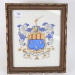 A hand painted and gilded armorial watercolour, in gilt frame, overall 31cm x 27cm